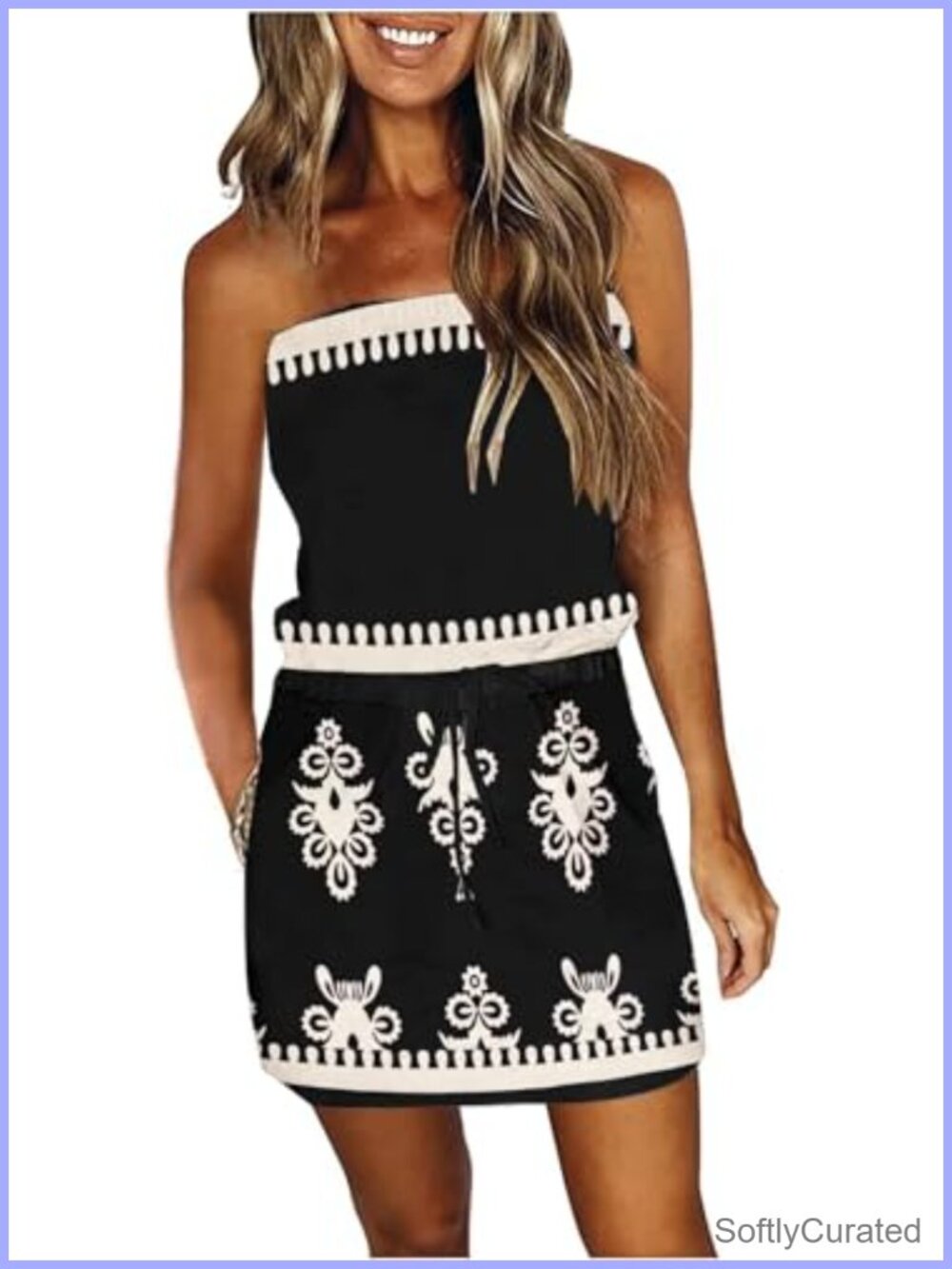 Women's Strapless Beach Cover Up Boho Mini Dress Drawstring Waist Pockets
